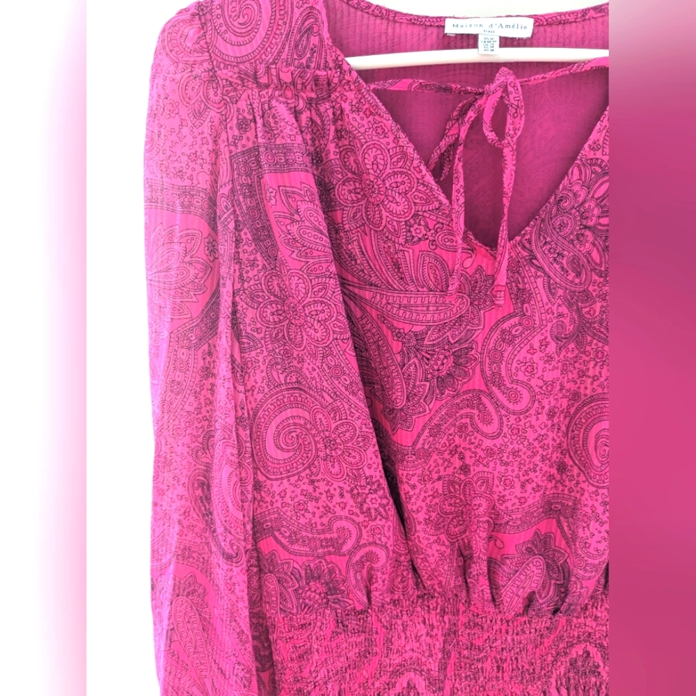 Maison D'Amelie Pink Paisley Print Blouse Elasticized Detail Barbiecore Size M
